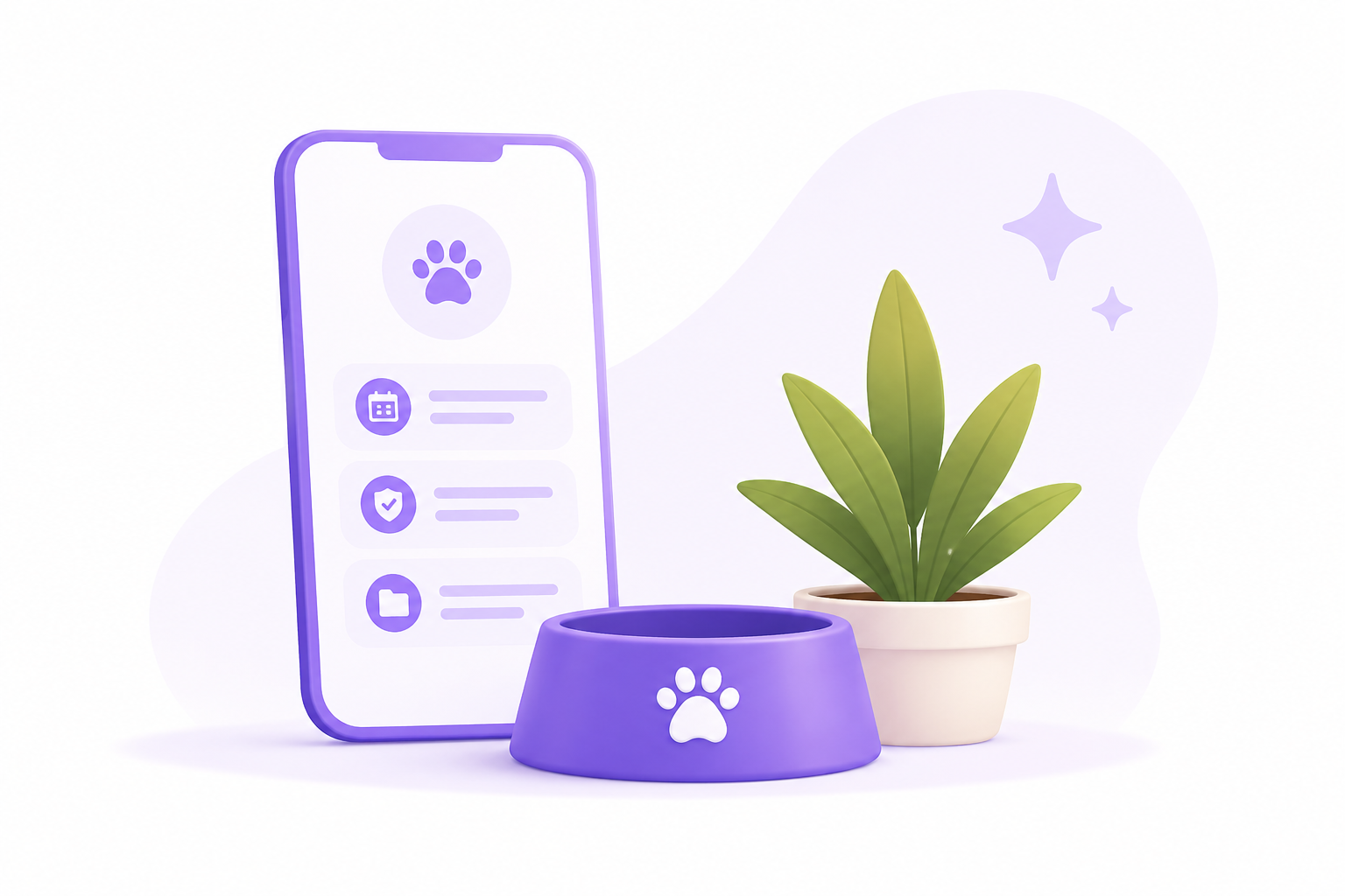 PetNid app illustration with phone, pet bowl and plant