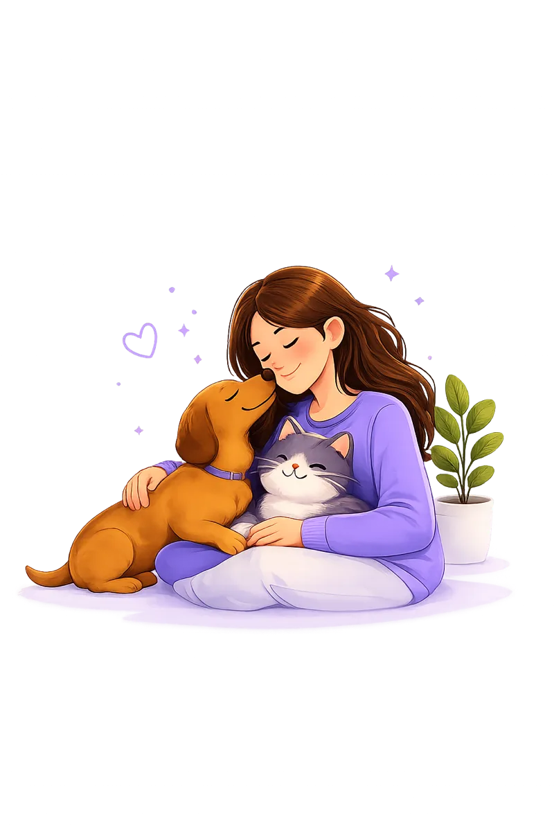 Ilustración de un padre mascota abrazando a un perro y gato
