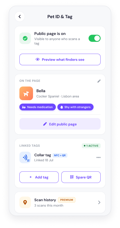 PetNid ID management screen in the app