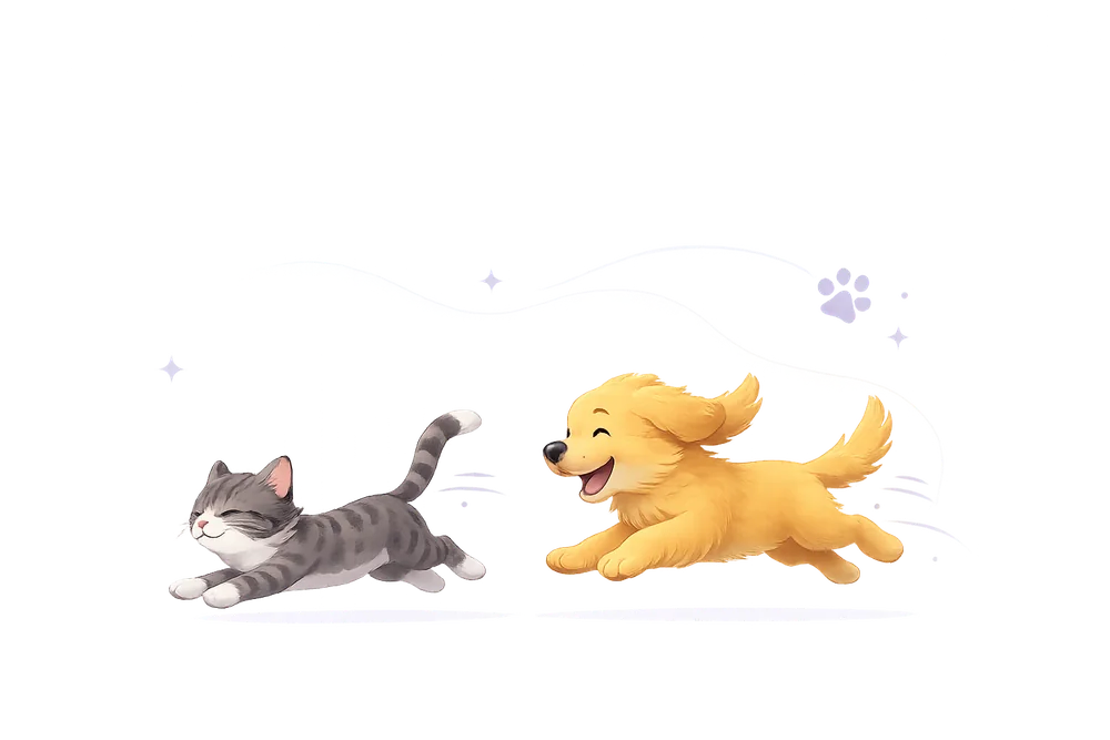 Illustrazione di un gatto e un cane che corre insieme