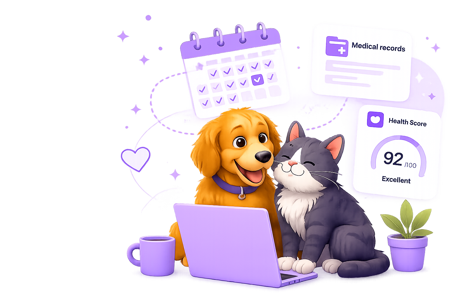 Dog and cat with PetNid health records and calendar cards