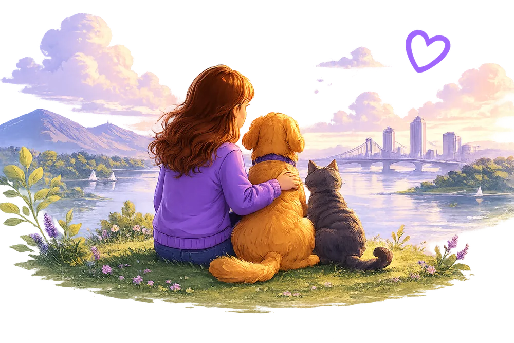 Pet owner with dog and cat looking over a calm city landscape