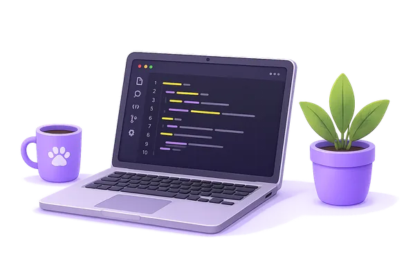 Laptop with code editor and purple plant