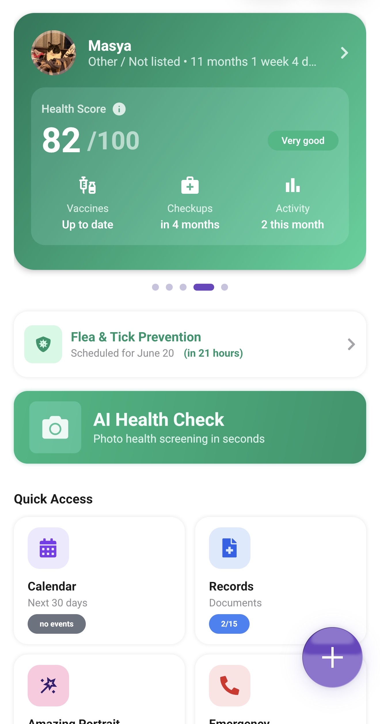 PetNid dashboard with the + button visible in the bottom-right corner