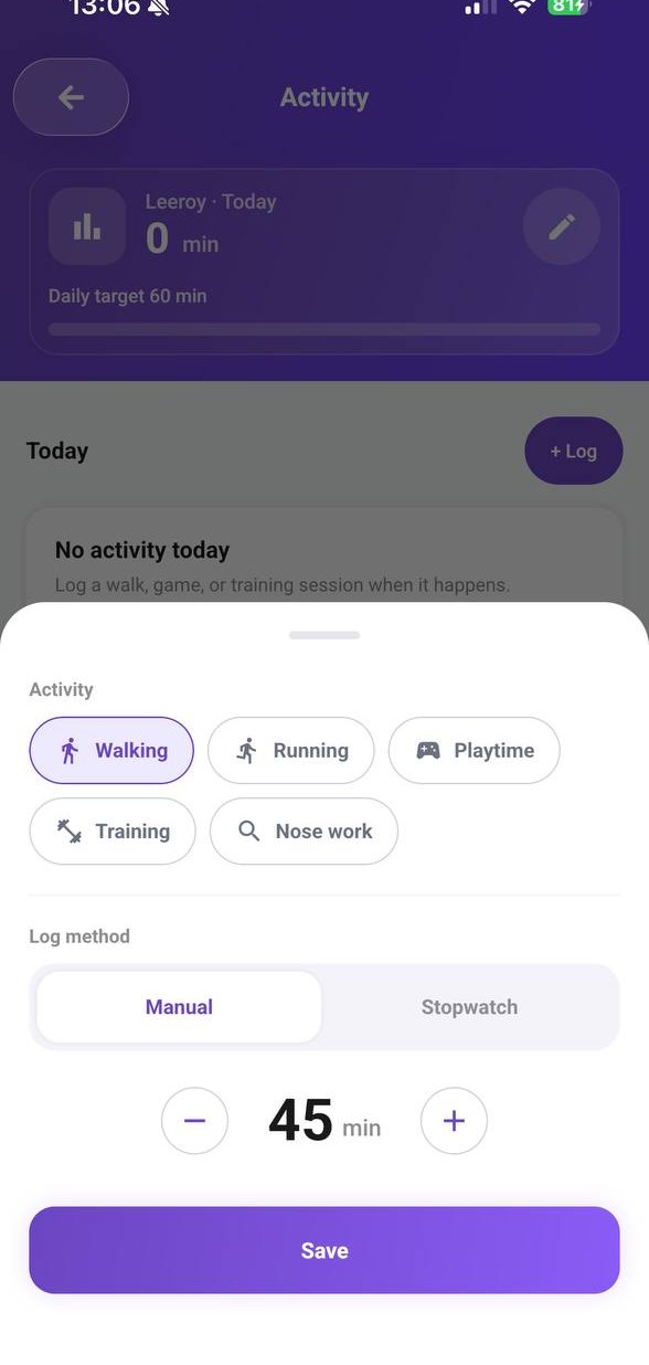 PetNid activity logging sheet with activity type and duration controls