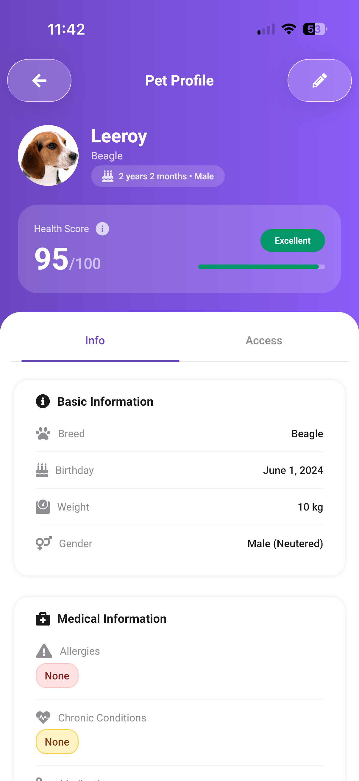 PetNid pet profile with the Info tab selected