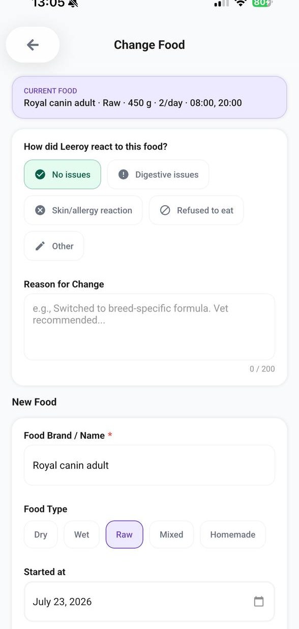 PetNid Change Food screen with reaction options and new food details