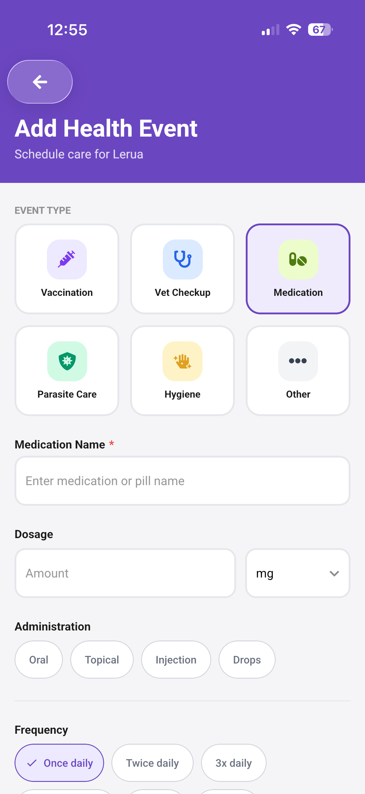 PetNid Add Health Event screen with Medication selected