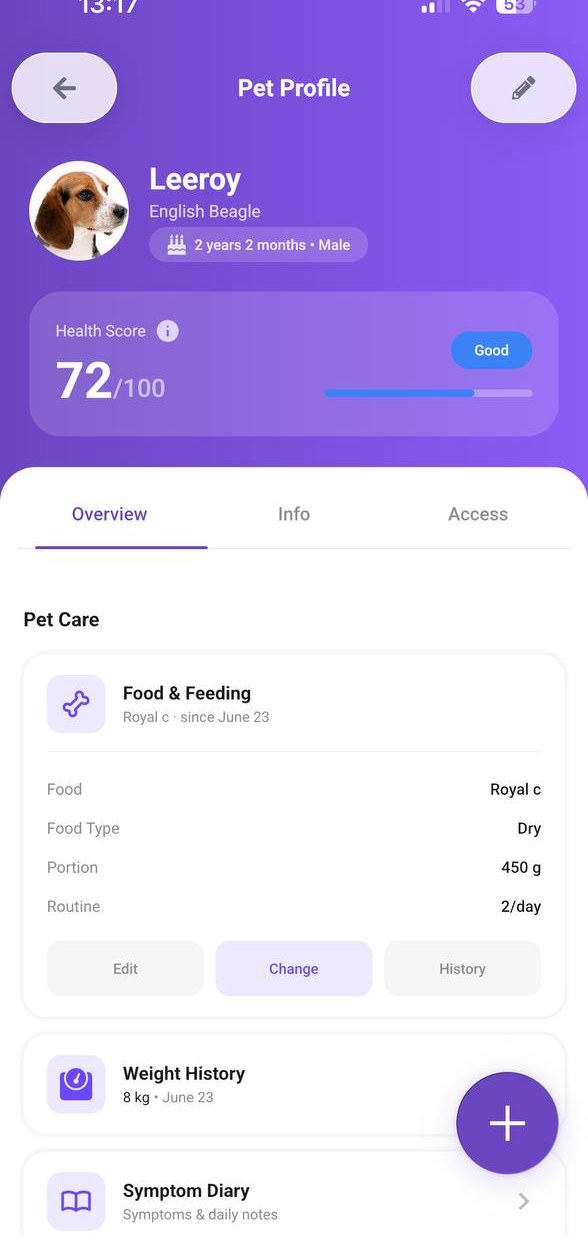 PetNid pet profile overview with the Symptom Diary section